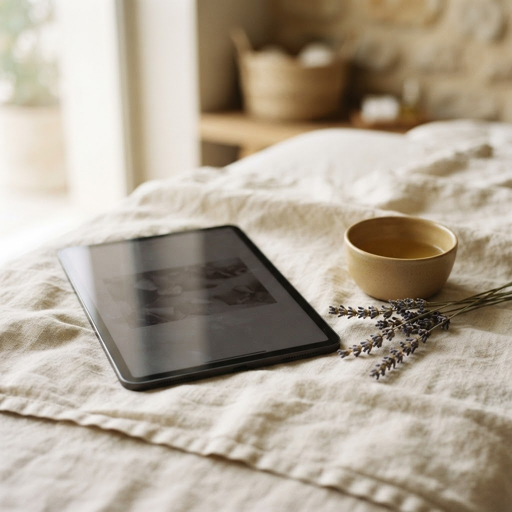 Tablet leżący na naturalnym lnie obok miseczki olejku i gałązki suszonej lawendy w miękkim dziennym świetle
